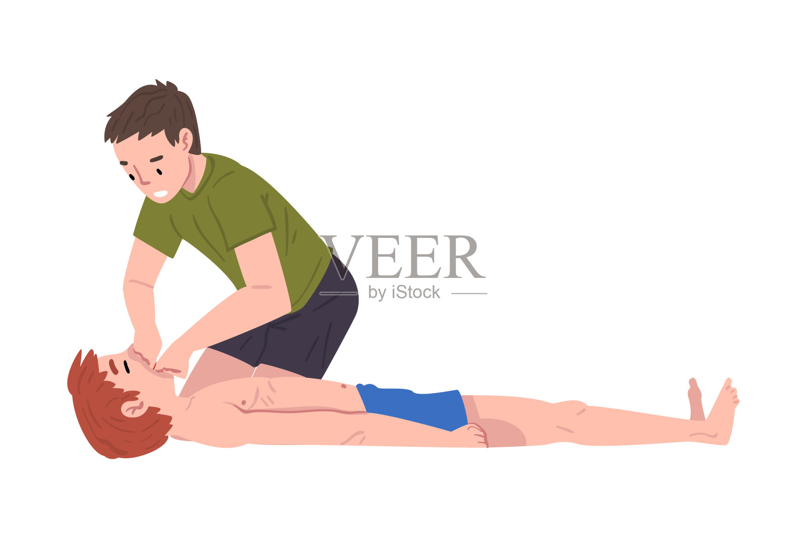 急救溺水者，年轻人帮助朋友在无意识溺水矢量插图插画图片素材