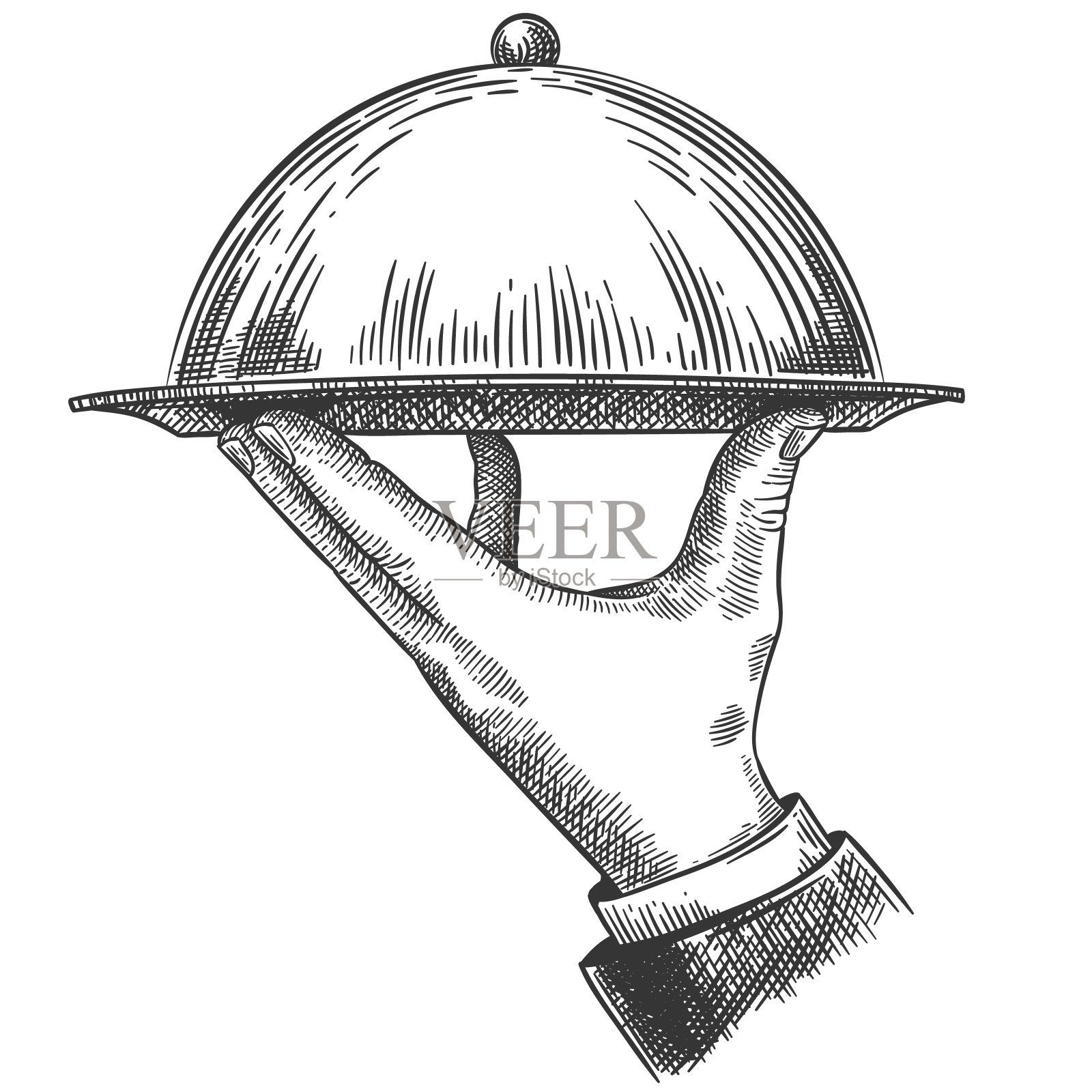 带盖子的手持托盘。雕刻复古餐厅服务，早午餐或晚餐盘子上的素描矢量插图插画图片素材