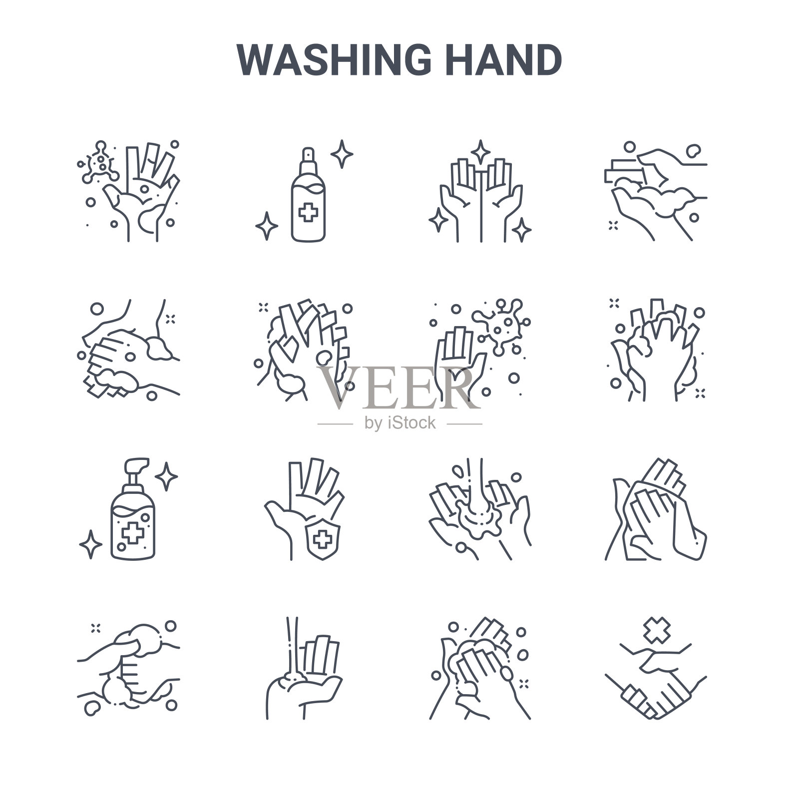 一套16个洗手概念向量线图标。64x64细描图标如酒精、洗涤、酒精凝胶、无握手、细菌、图标素材