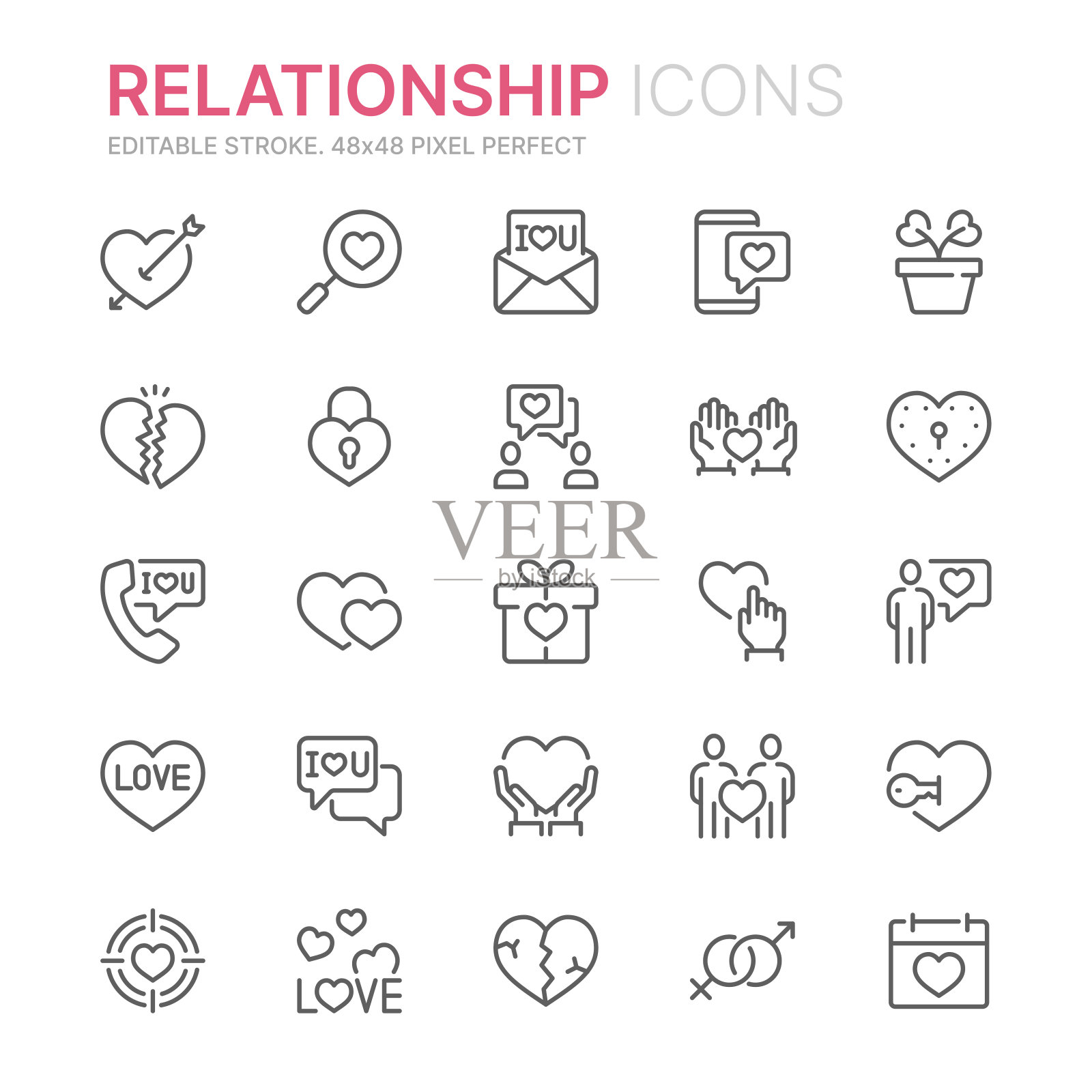 浪漫关系和爱情相关的线条图标的收集。48 x48像素完美。可编辑的中风图标素材