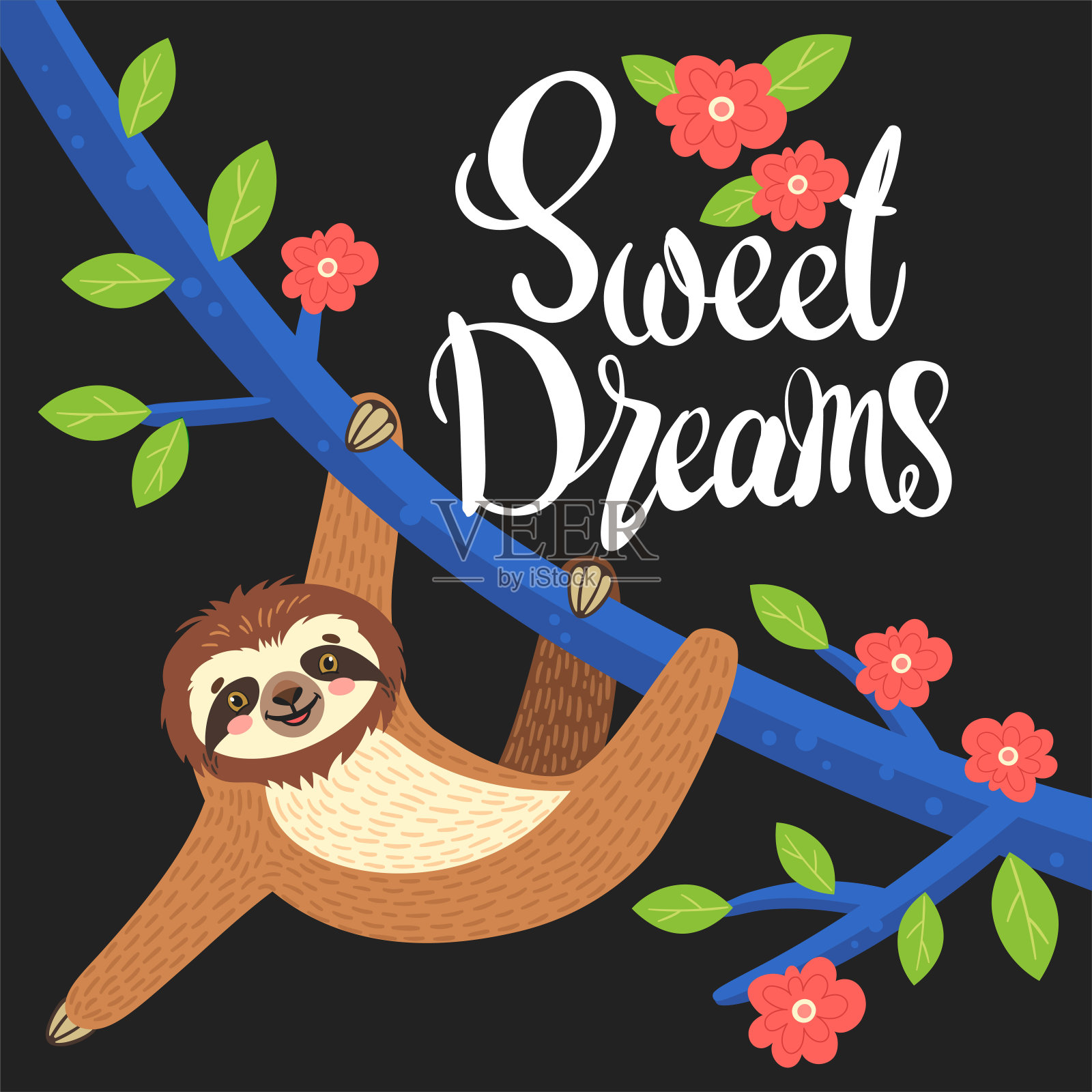 在树枝上睡觉的树懒。向量插图与熊，叶子，花和字母甜梦在黑色的背景。贺卡。插画图片素材