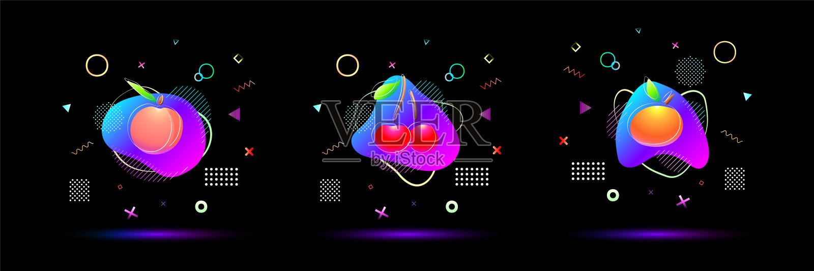 霓虹灯颜色的桃子，樱桃，柑橘与抽象的背景插画图片素材