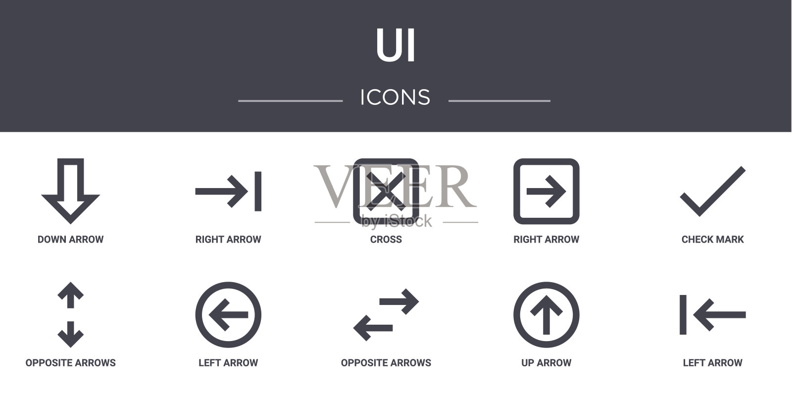 UI概念线图标集。包含可用于web, logo, ui/ux的图标，如右箭头，右箭头，相对箭头，相对箭头，向上箭头，左复选标记，十字图标素材