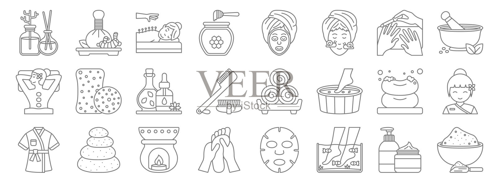 水疗中心行图标。线性集。品质矢量线集如盐、足疗、足底按摩、浴袍、香皂、精油、砂浆、草药按摩等插画图片素材