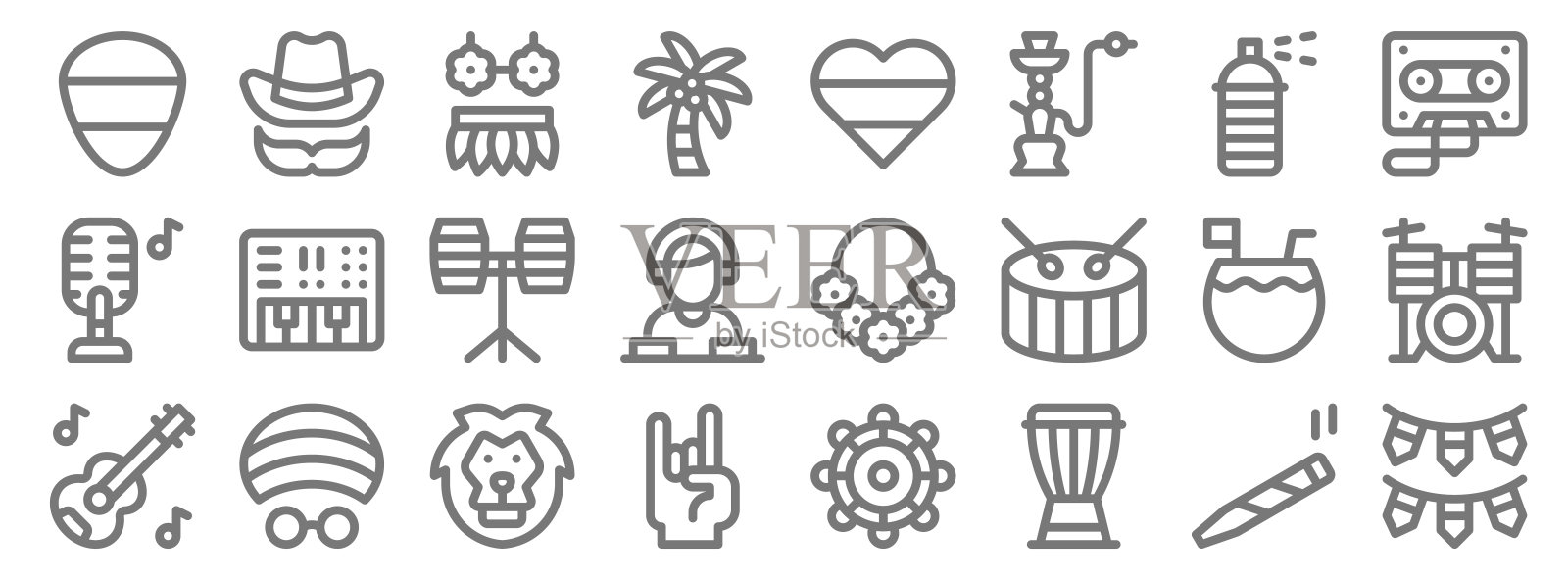 雷鬼音乐图标。线性集。品质矢量线集如花环，djembe，摇滚，原声吉他，椰汁，邦戈，卡带，牙买加，帽子图标素材