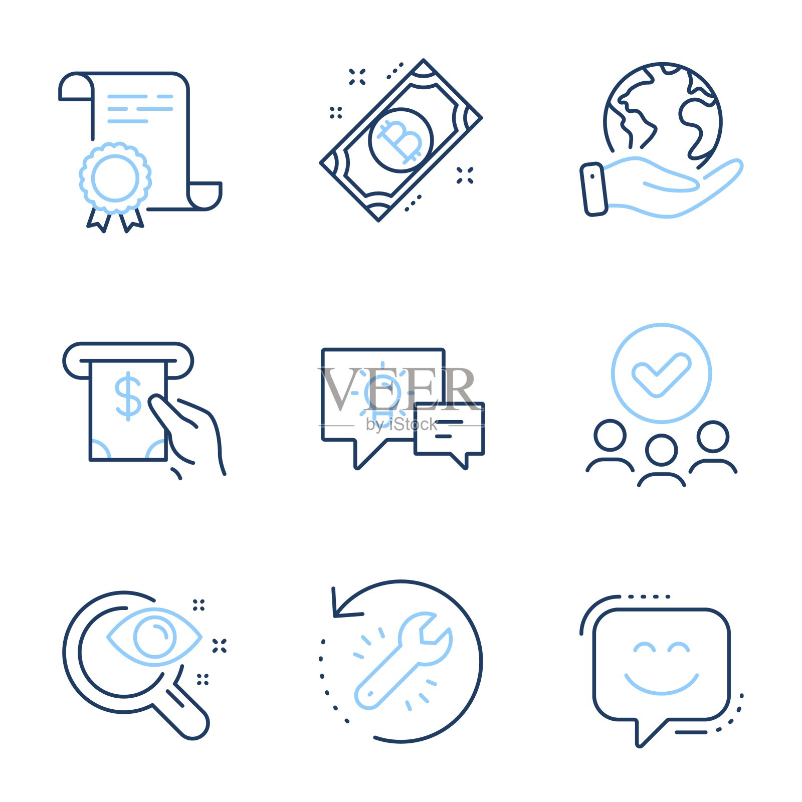 笑脸，比特币和创意灯图标集。恢复工具，Atm服务和视力测试标志。向量图标素材