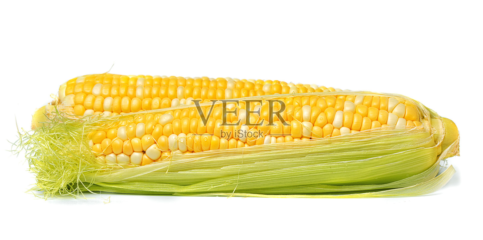 白色背景上香甜多汁的玉米棒子照片摄影图片