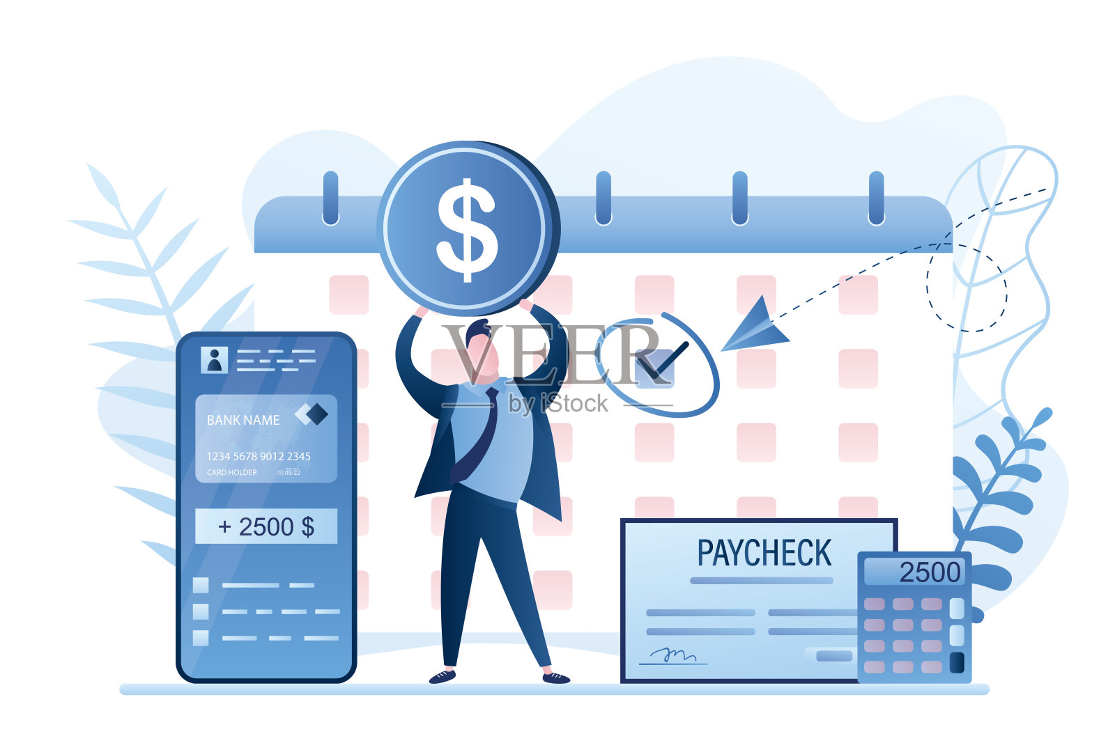 发薪日的概念。日历与日期，计算器和商人持有美元硬币。薪水和计算器。插画图片素材