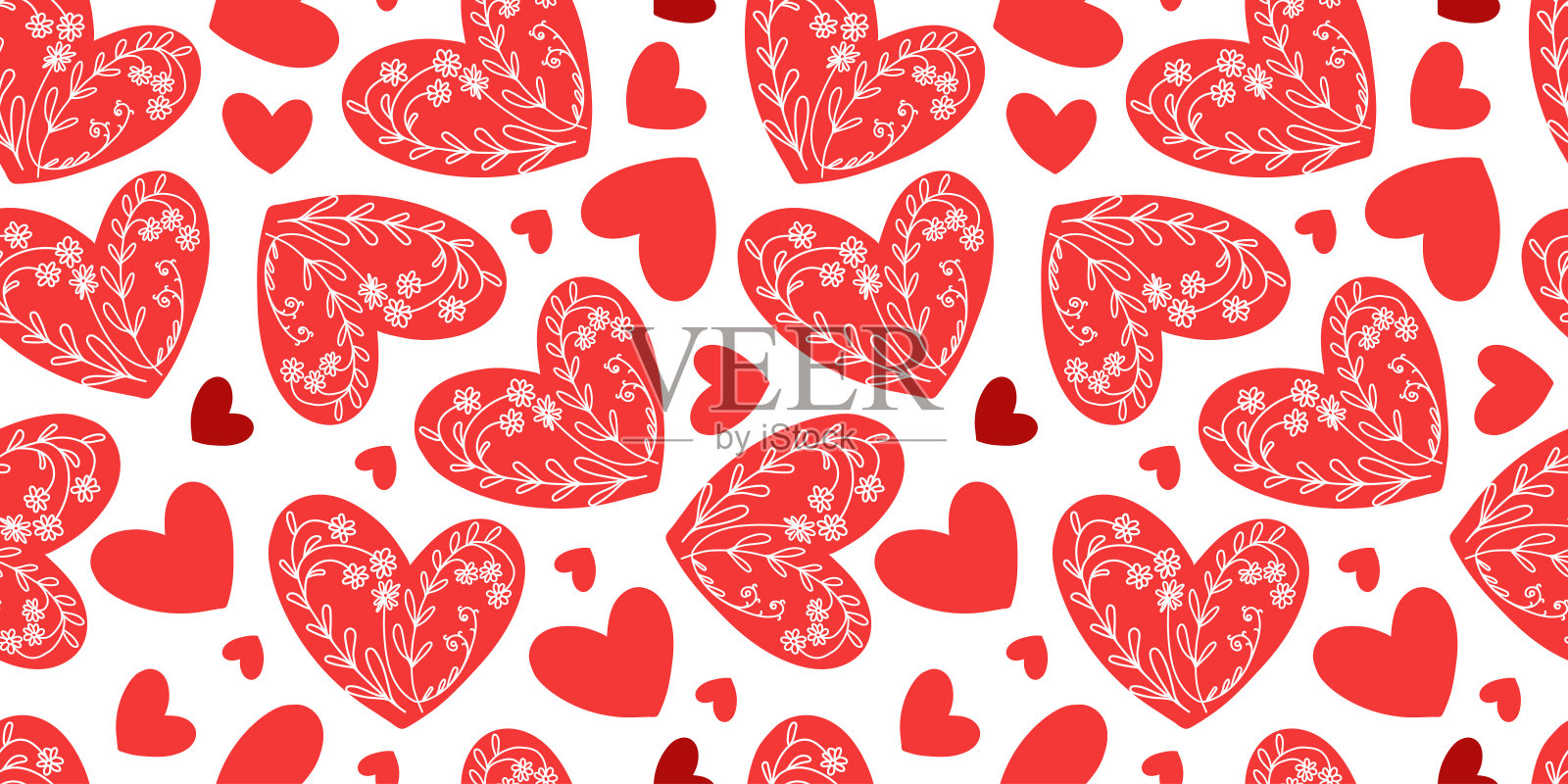矢量无缝图案与手绘涂鸦小白花在一个红色的心的背景，为婚礼邀请，卡片，织物，围巾的设计。花爱背景白色。插画图片素材