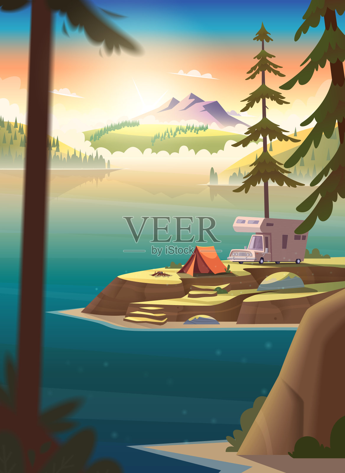 夏天的早晨景观与山，湖的观点和露营。插画图片素材