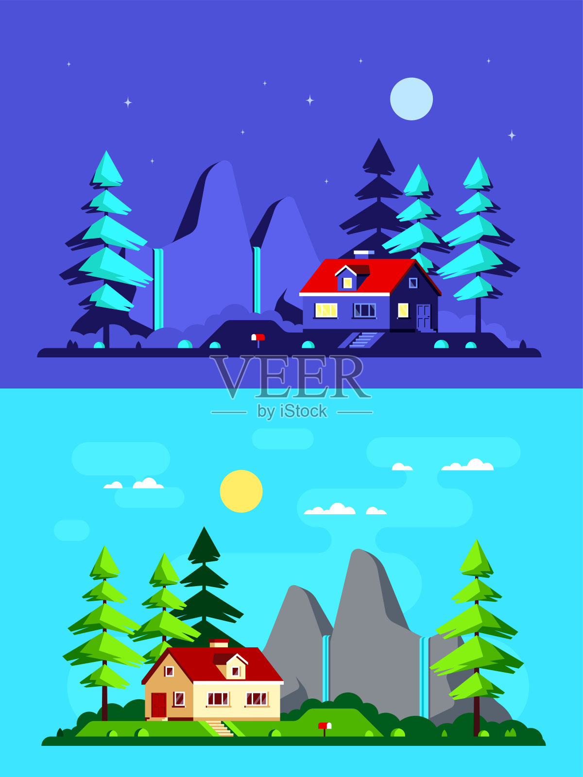 家在森林里，平面风格的横幅设计。插画图片素材