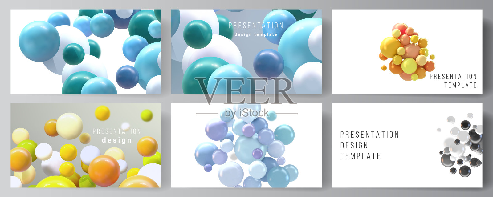 矢量布局的演示幻灯片设计业务模板，多用途的演示手册模板，报表。现实的矢量背景与多色的3d球体，气泡，球。插画图片素材