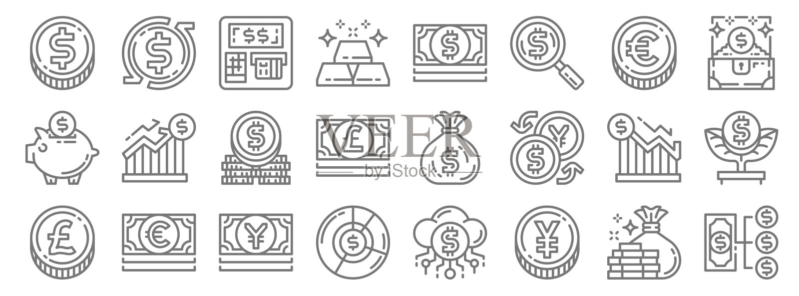 金钱和货币线图标。线性集。质量矢量线集如理财、人民币、饼图、英镑、图、钱币堆叠、宝箱、美钞、周转等插画图片素材
