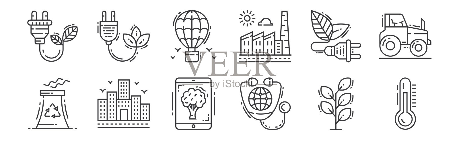 12个线性环境和生态图标。包含温度计、地球、建筑、能源、热气球、生态能源等细线条图标，适用于网页、移动端图标素材