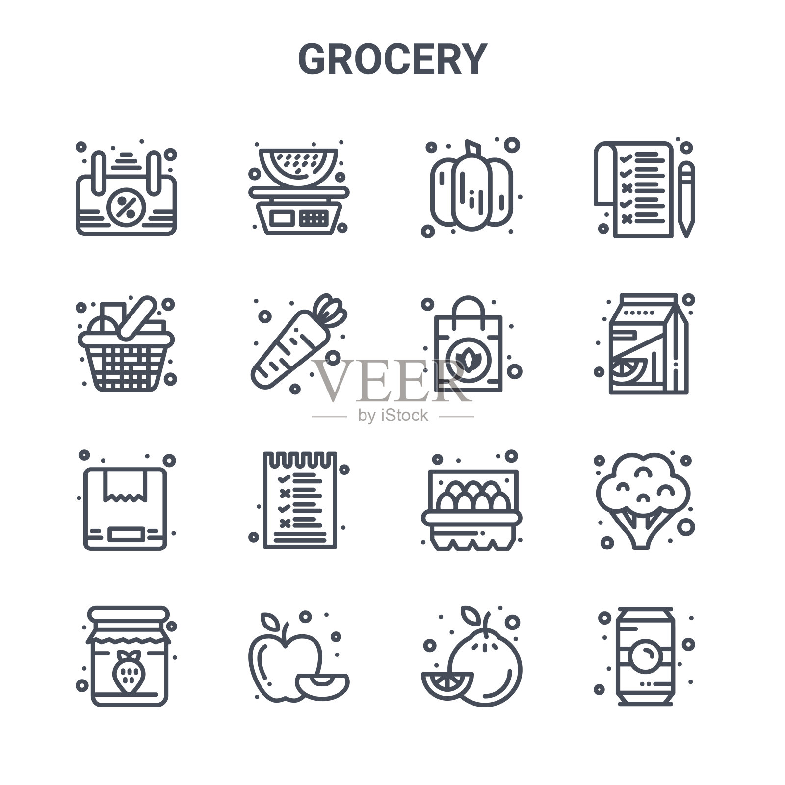 集16杂货概念矢量线图标。64x64细描图标，如西瓜，杂货店，橙汁，鸡蛋，苹果，饮料，柠檬，手提包，清单图标素材