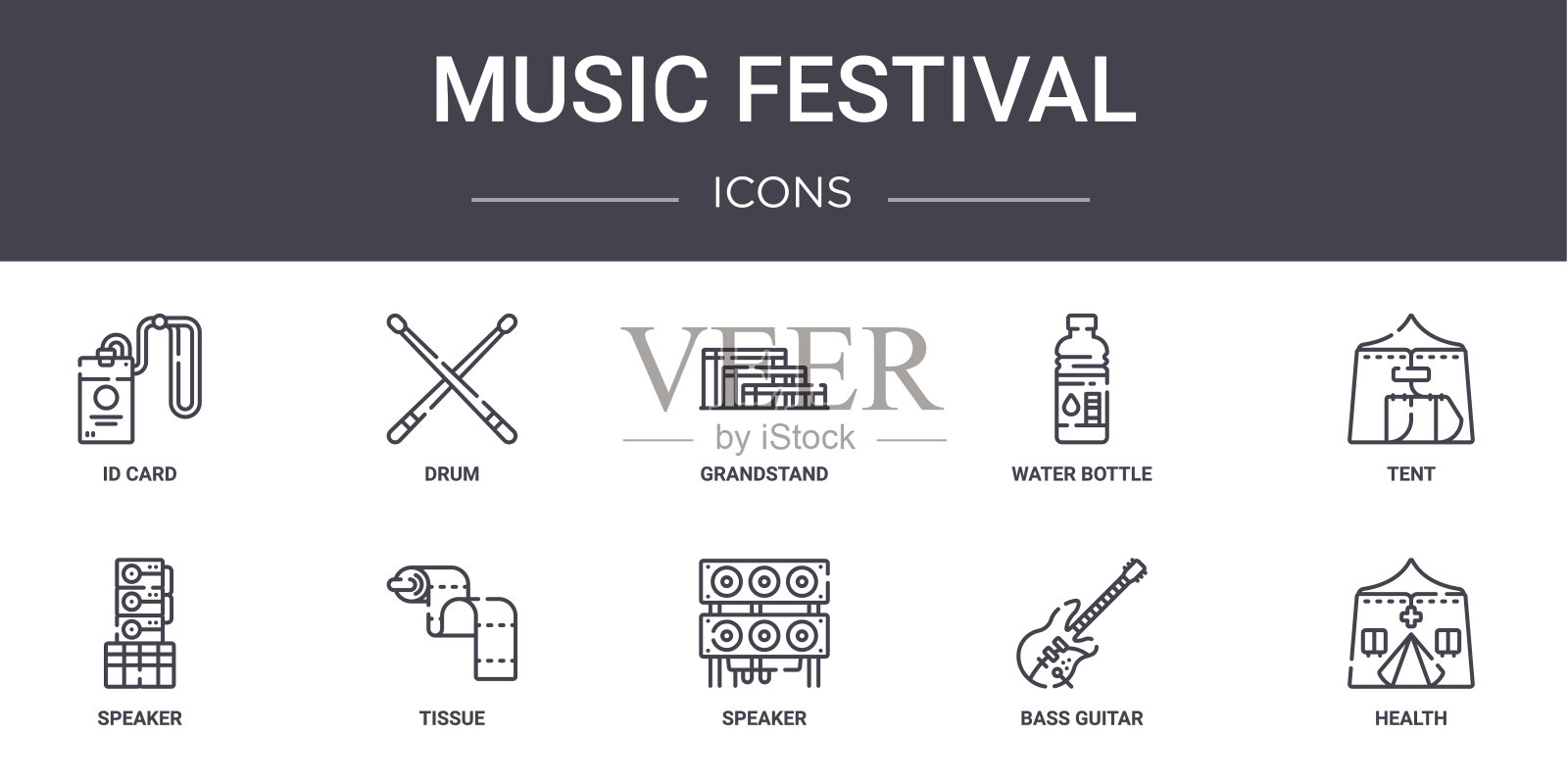 音乐节概念线图标集。包含可用于web, logo, ui/ux的图标，如鼓，水瓶，扬声器，扬声器，低音吉他，健康，帐篷，看台图标素材