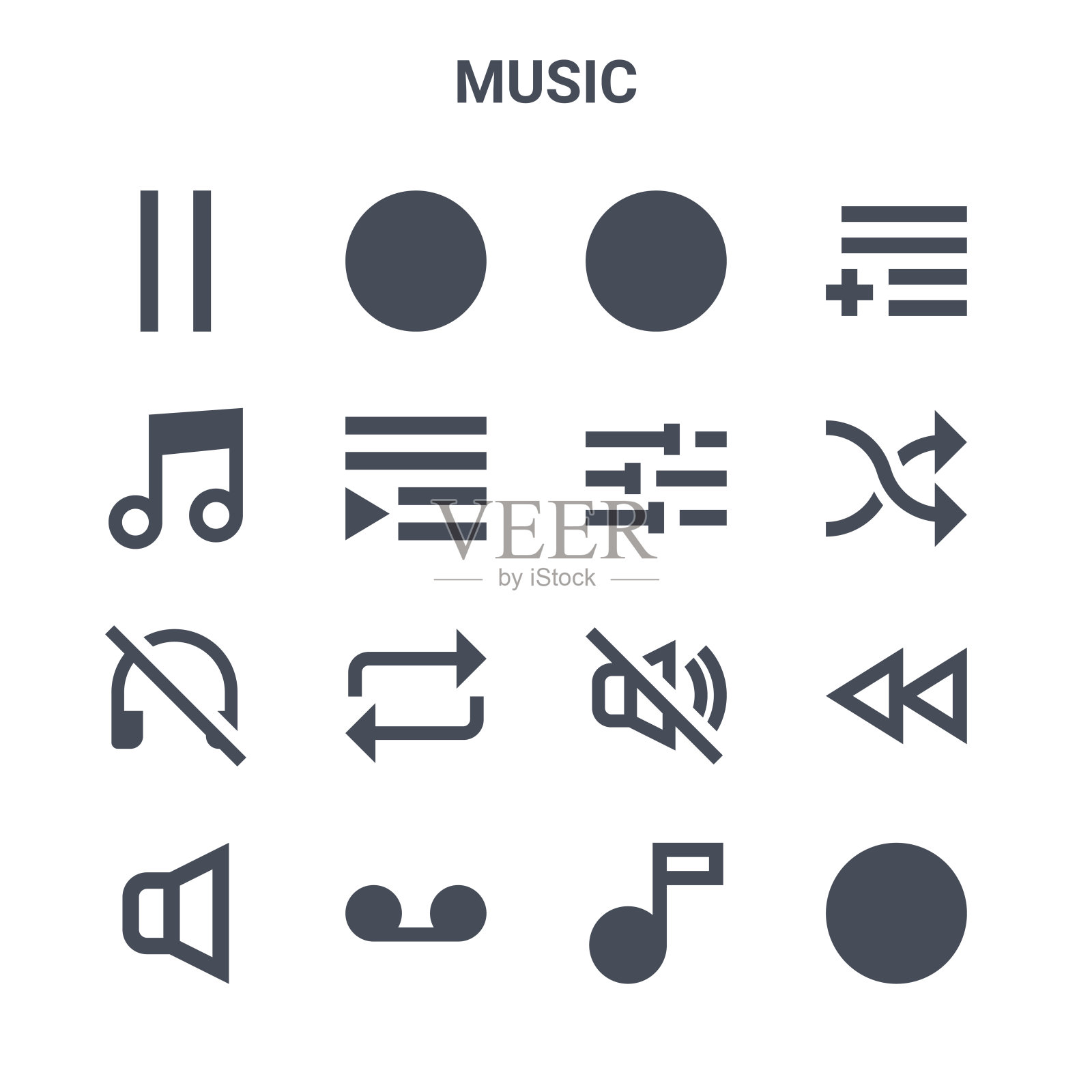 一组16音乐概念向量线图标。64x64细描图标，如暂停，音乐音符，shuffle，无声音，录音，播放，音乐音符，调音，添加到播放列表图标素材