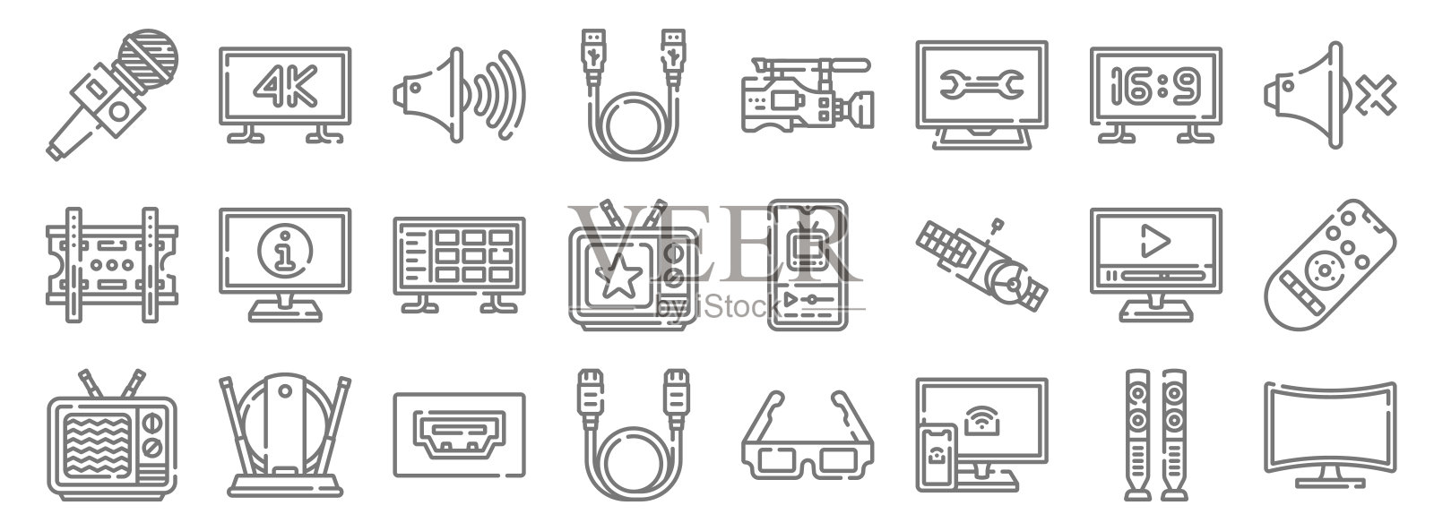 电视线图标。线性集。质量矢量线集如曲面，屏幕，hdmi线，断，视频播放器，智能电视，静音，摄像机，k图标素材