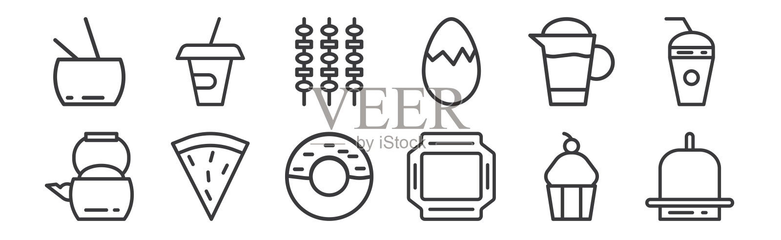 12套线性食物图标。如钟摆，食物托盘，披萨片，电水壶，烧烤，杯子的网页，移动。图标素材