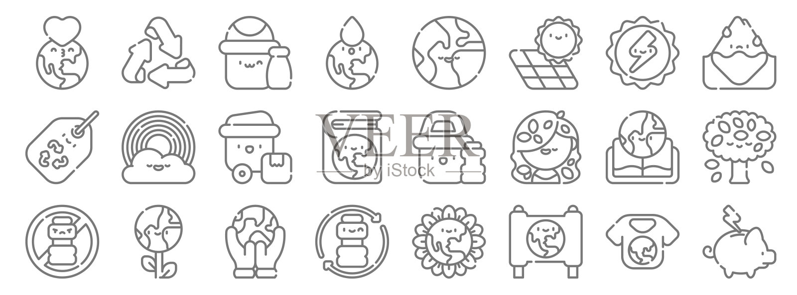 地球母亲日系列图标。线性集。质量矢量线集节能、运动、塑、无塑、书、塑、冰山、地球、回收等图标素材