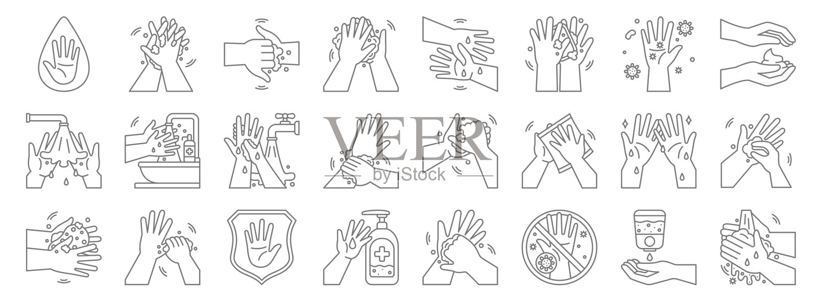 洗手线图标。线性集。质量矢量线集如洗手、不碰、洗手液、洗手液、洗手液、插画图片素材