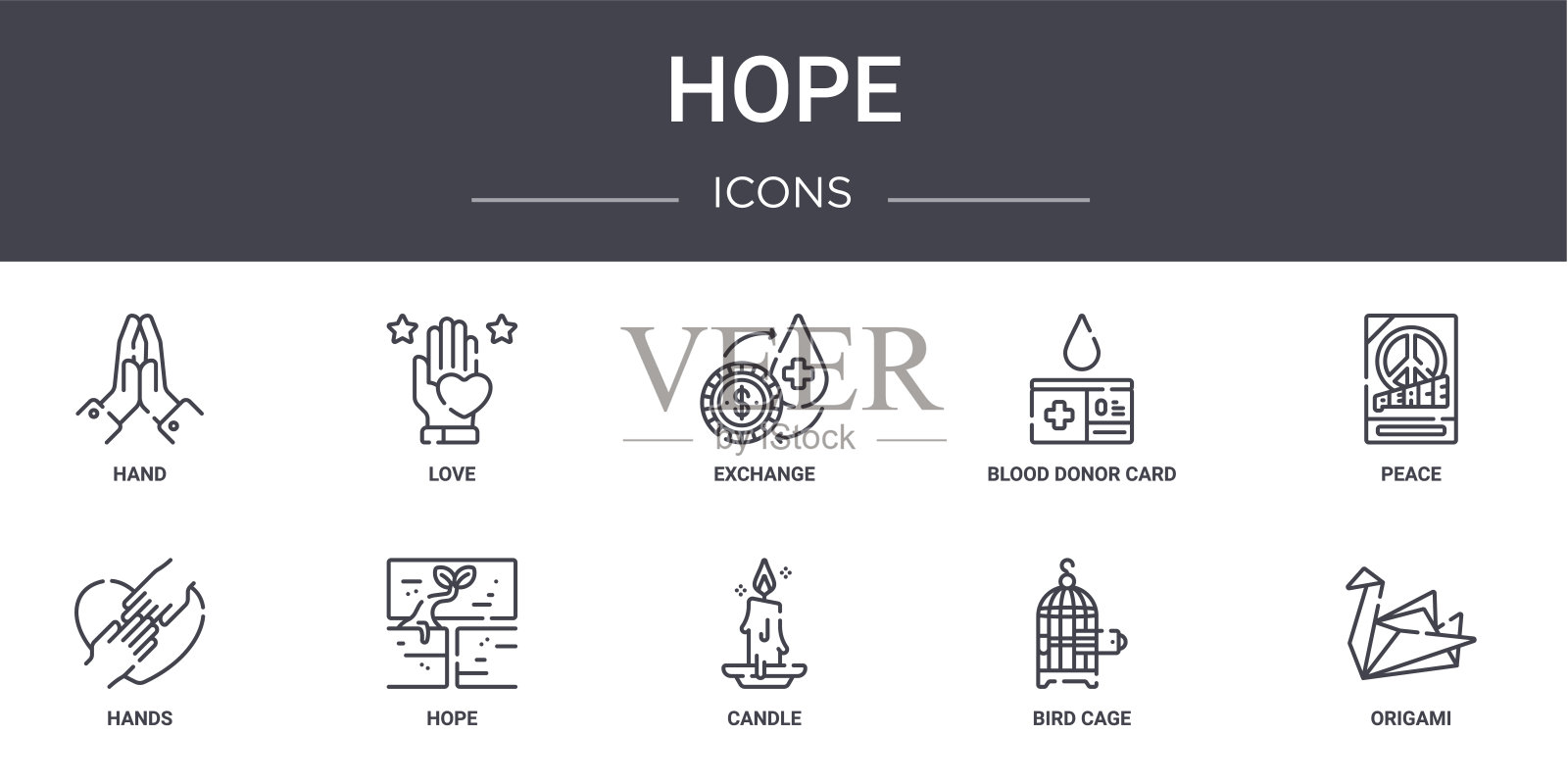 希望概念线图标集。包含图标可用的web，标志，ui/ux，如爱，献血卡，手，蜡烛，鸟笼，折纸，和平，交换图标素材