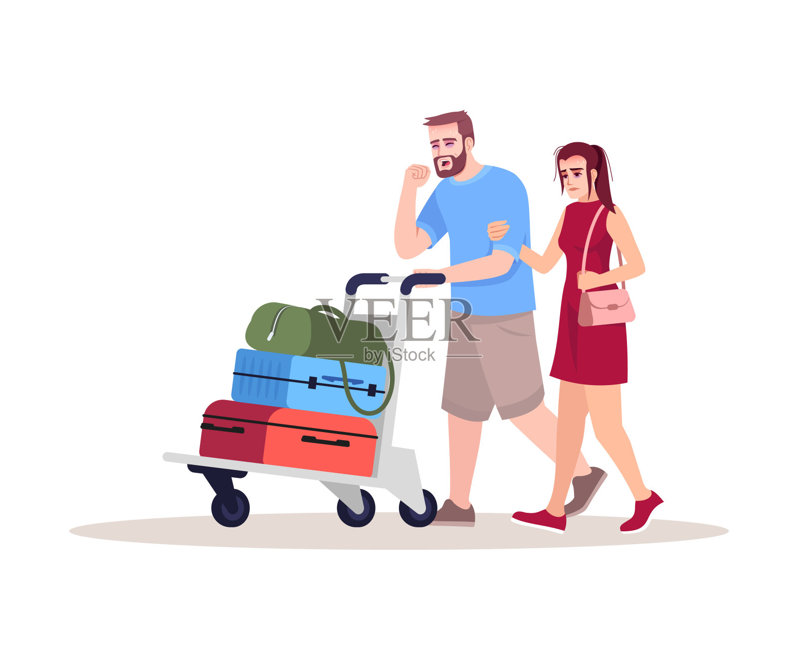 病乘客半平面RGB彩色矢量图。病人咳嗽。我给你拿行李。病毒在公共交通中传播。机场候机楼白色背景上孤立的卡通人物插画图片素材