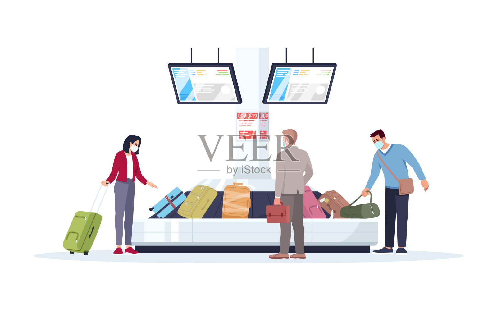 行李传送带半平面RGB颜色矢量图。戴着医用口罩的游客在等待行李。人们在机场候机楼拿行李。乘客将卡通人物孤立在白色背景上插画图片素材