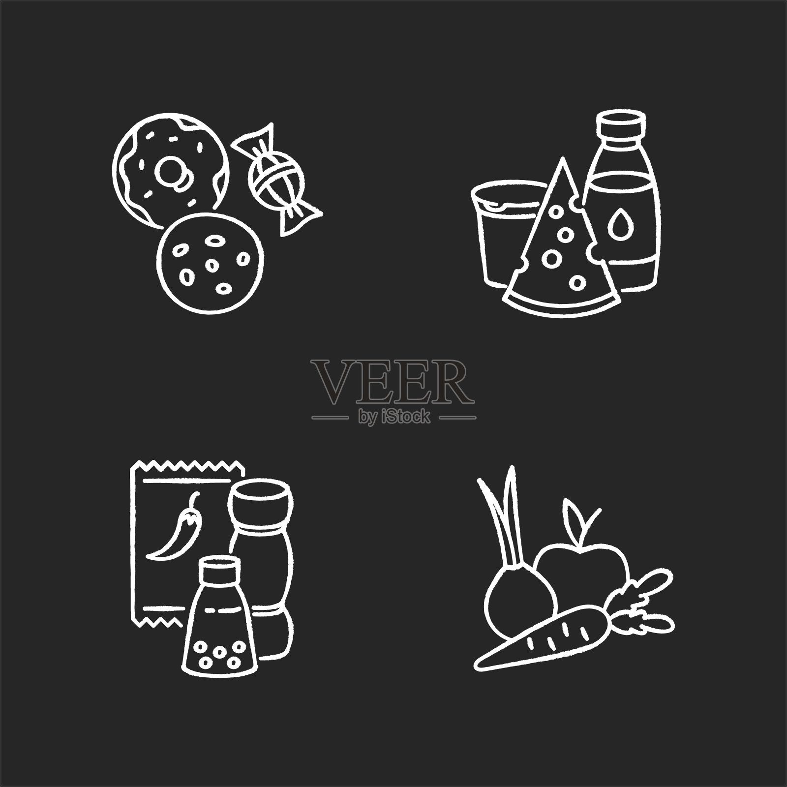 超市食品粉笔白色图标设置在黑色背景插画图片素材