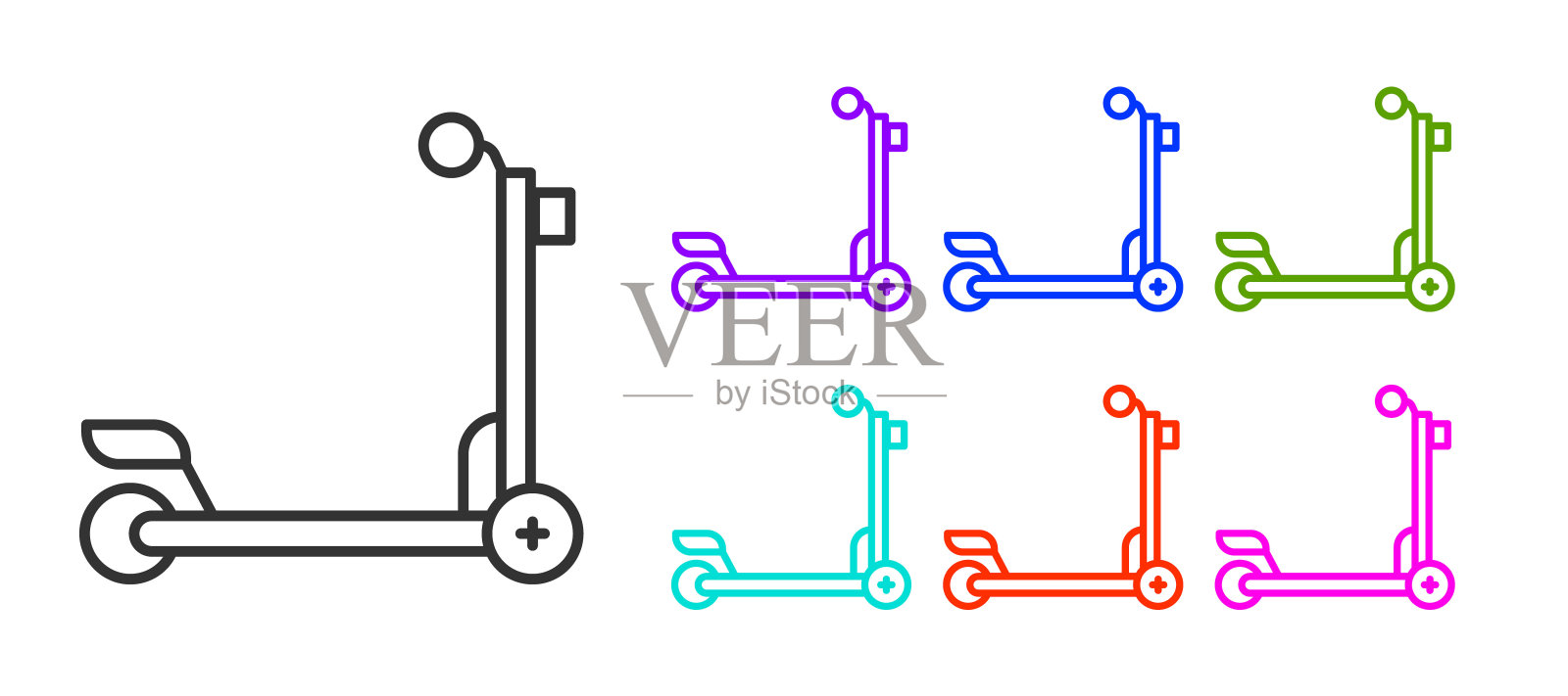 黑色线滑板车图标孤立的白色背景。设置图标丰富多彩。向量插画图片素材