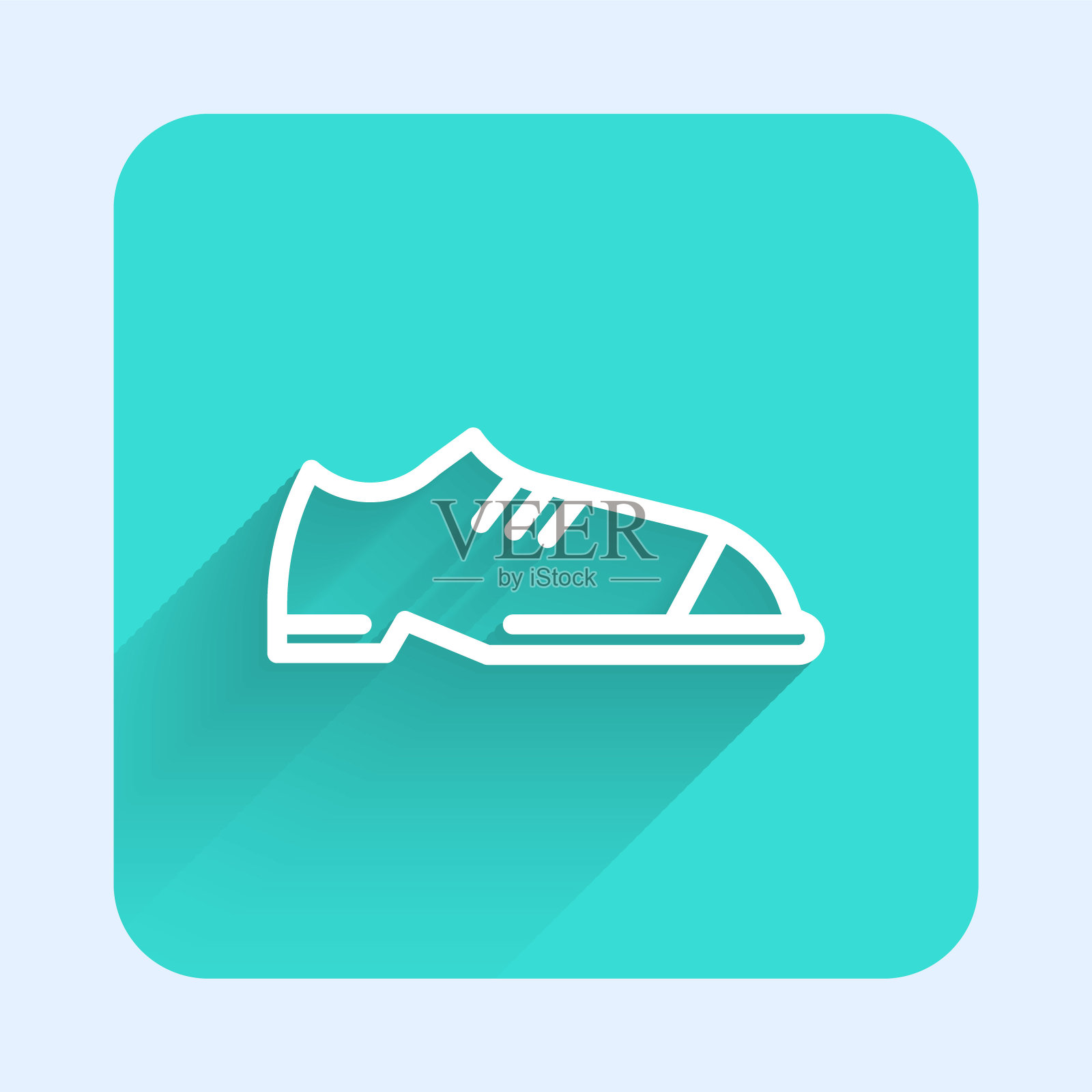 白色线男人鞋图标孤立与长影子。绿色广场按钮。向量插画图片素材