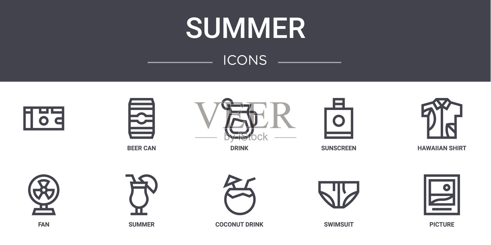 夏季概念线图标集。包含图标可用的web，标志，ui/ux，如啤酒罐，防晒霜，风扇，椰子饮料，泳衣，图片，夏威夷衬衫，饮料图标素材