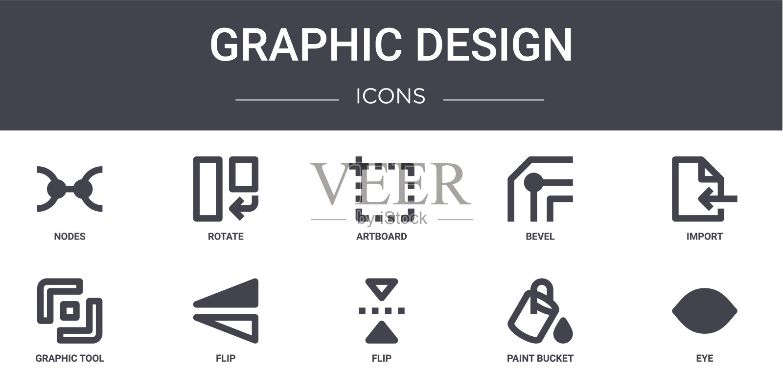 平面设计概念线图标集。包含可用于web, logo, ui/ux的图标，如旋转，斜面，图形工具，翻转，油漆桶，眼睛，导入，画板图标素材