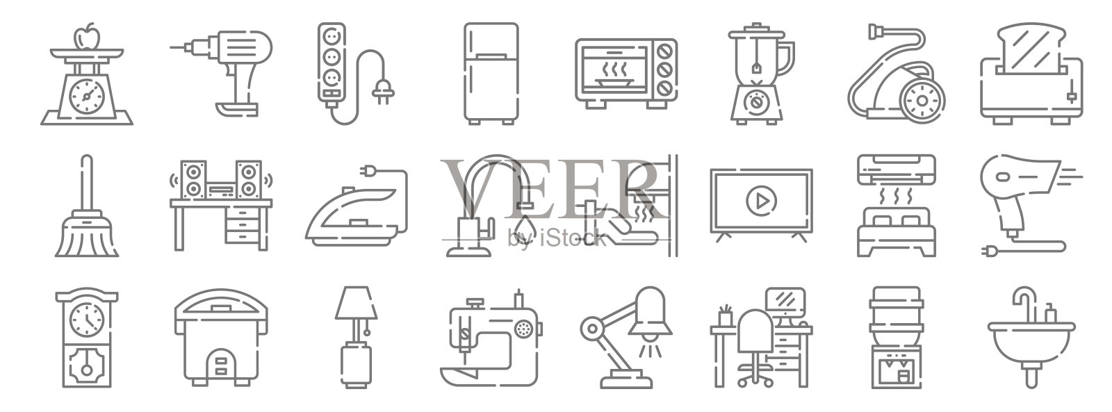 家电系列图标。线性集。质量矢量线集如水槽，工作场所，缝纫机，挂钟，酒店，熨斗，烤面包机，微波炉，电钻图标素材