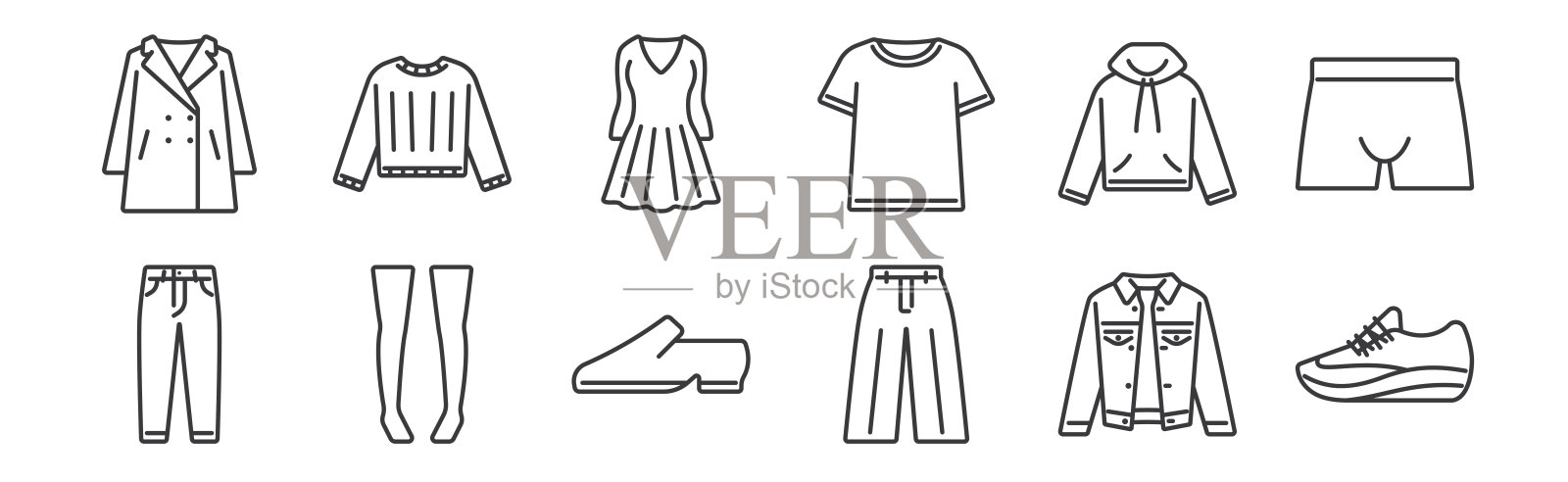 12套线性衣服和服装图标。瘦轮廓图标，如运动鞋，宽松的裤子，及膝高的袜子，兜帽，连衣裙，毛衣的网页，移动。插画图片素材