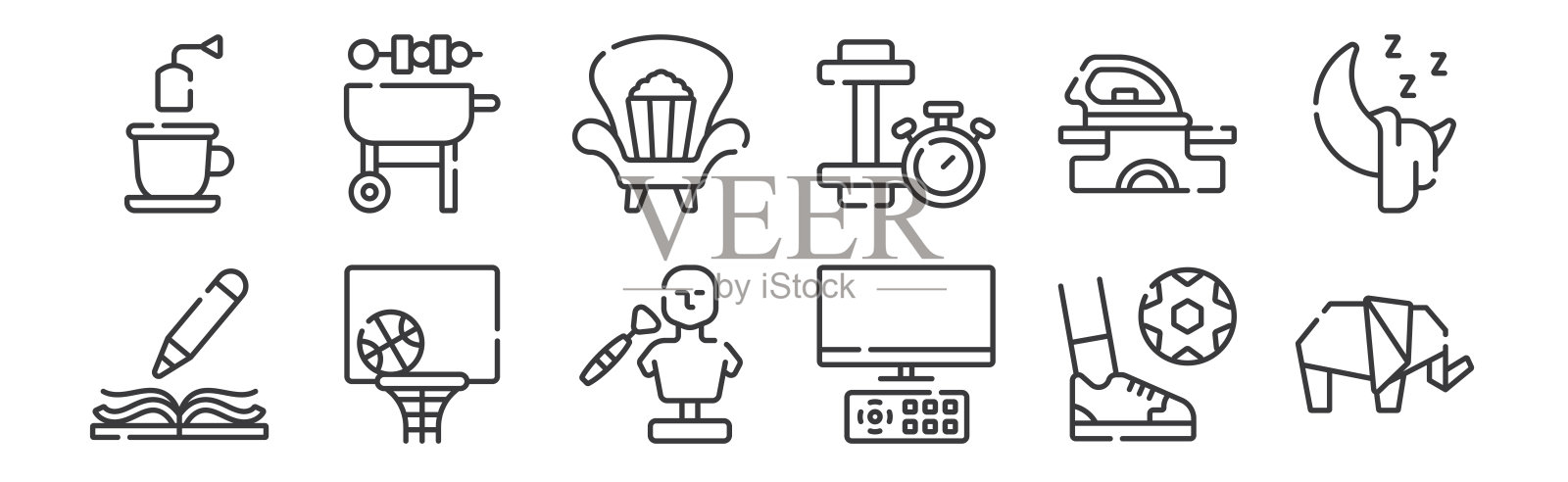12组线性空闲时间图标。瘦轮廓图标如大象，看电视，篮球，衣服，手表，烧烤网，移动。图标素材