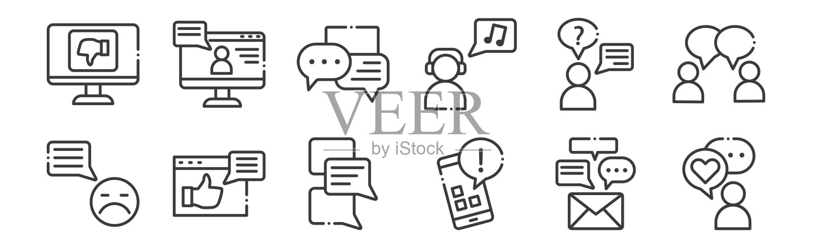 12套线性聊天和交流图标。瘦轮廓图标，如良好的评论，智能手机，良好的评论，对话，语音气泡，电脑为网络，移动。图标素材