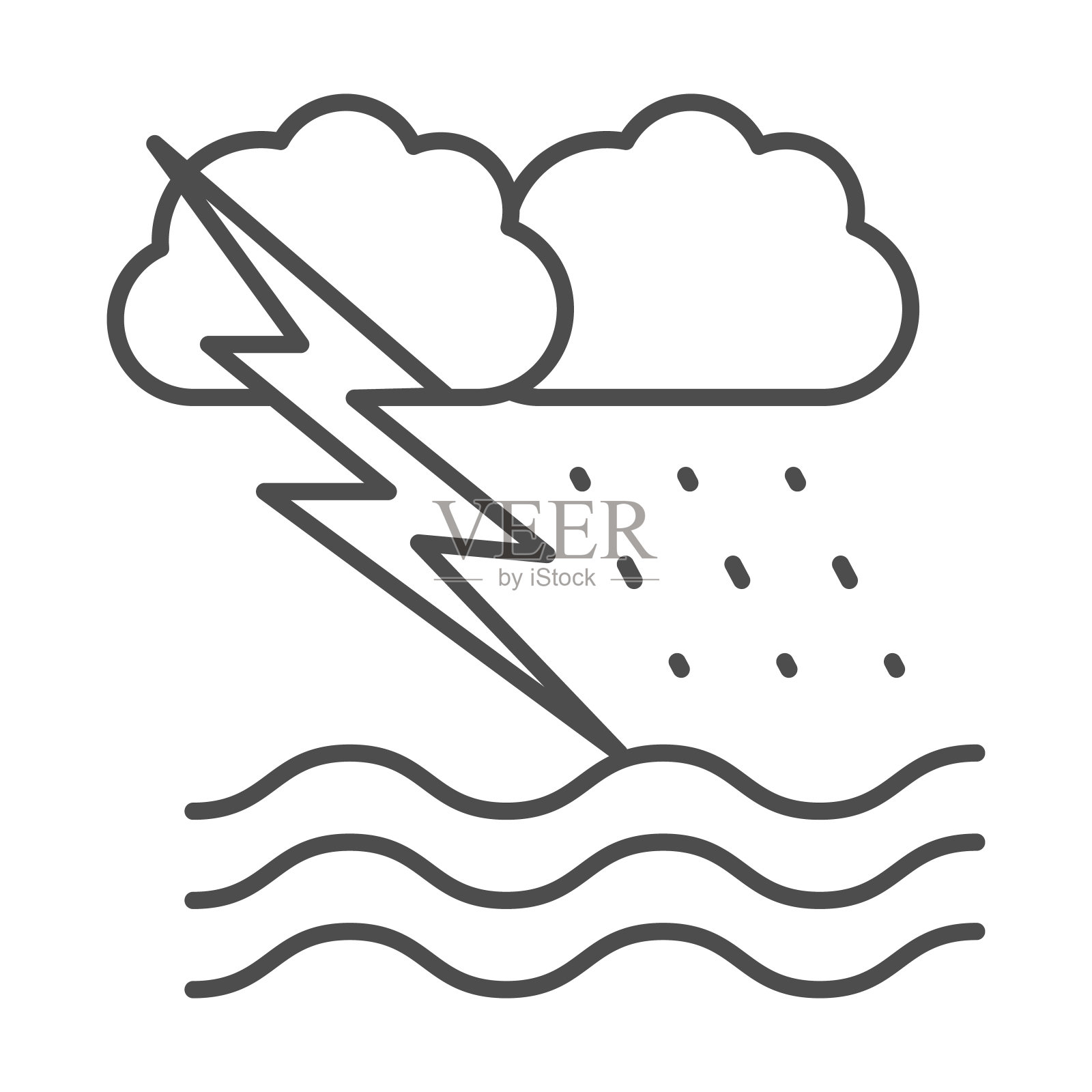 海洋风暴与雨和闪电细线图标，航海概念，海洋风暴标志在白色背景，波浪，闪电和雨的轮廓风格图标。矢量图形。插画图片素材