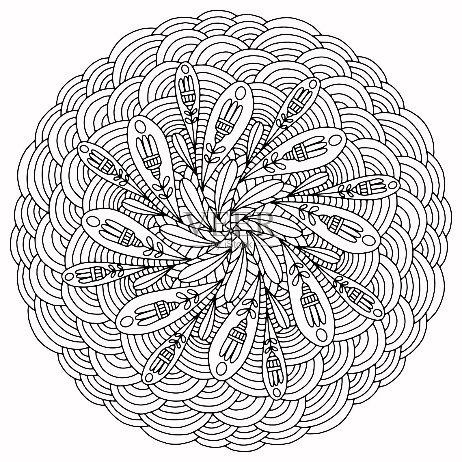 曼荼罗与线性饰品和抽象画在白色背景上的花着色，矢量插画图片素材