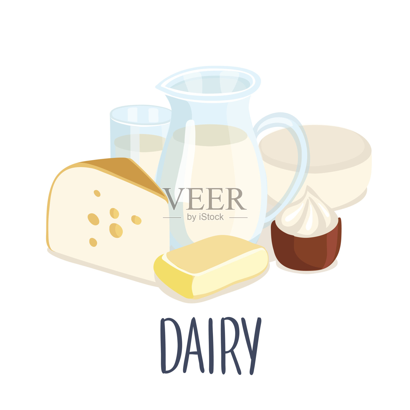 乳品生产插图和手写文字。牛奶壶，黄油，一杯牛奶，酸奶油，白软干酪，奶酪插画图片素材