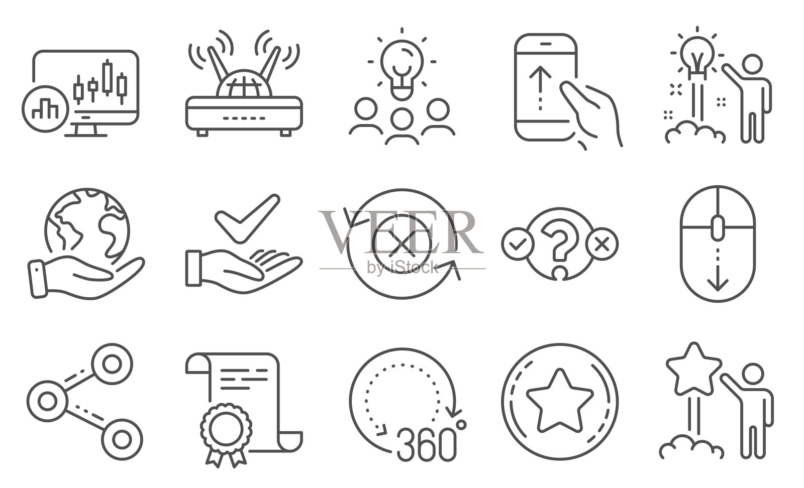 一组技术图标，如360度，Wifi，向下滚动。向量图标素材