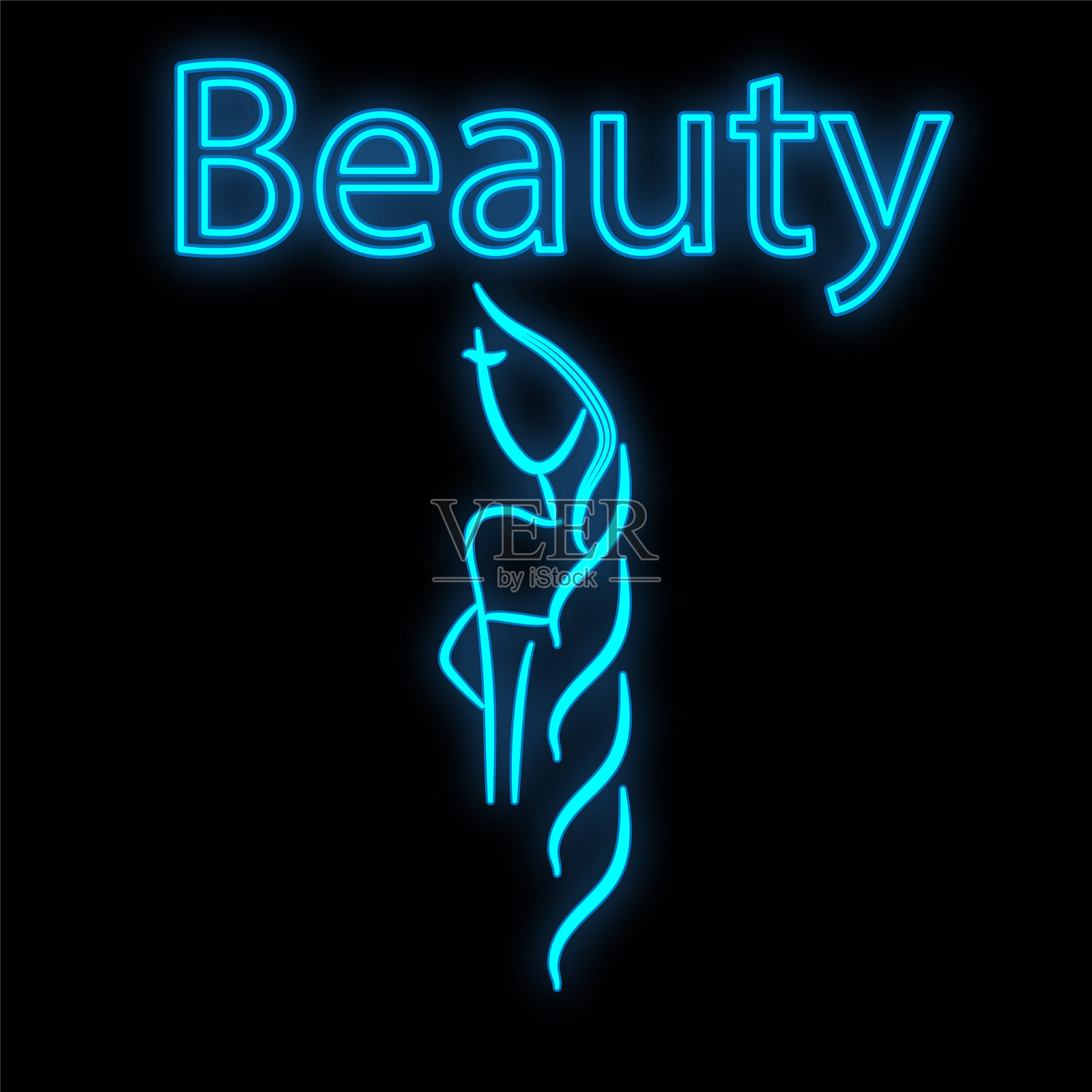 明亮的蓝色霓虹标志为美容院美丽闪亮的美容spa与女性的脸和头发在一个黑色的背景。矢量图插画图片素材