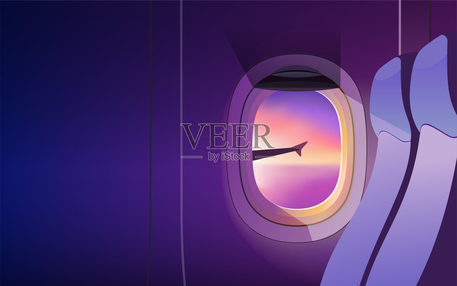 日落时在云层上方飞行的飞机机翼插画图片素材