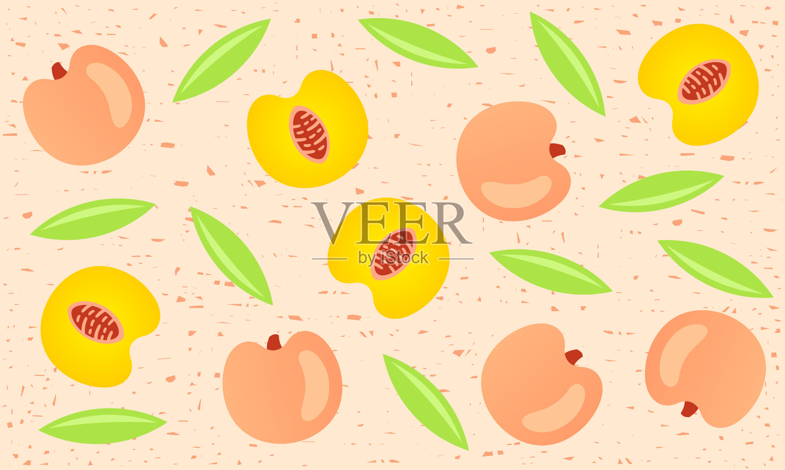 桃子无缝图案的包装和背景。整片切桃带叶，果实背景寒酸。食物，矢量设计和插图插画图片素材