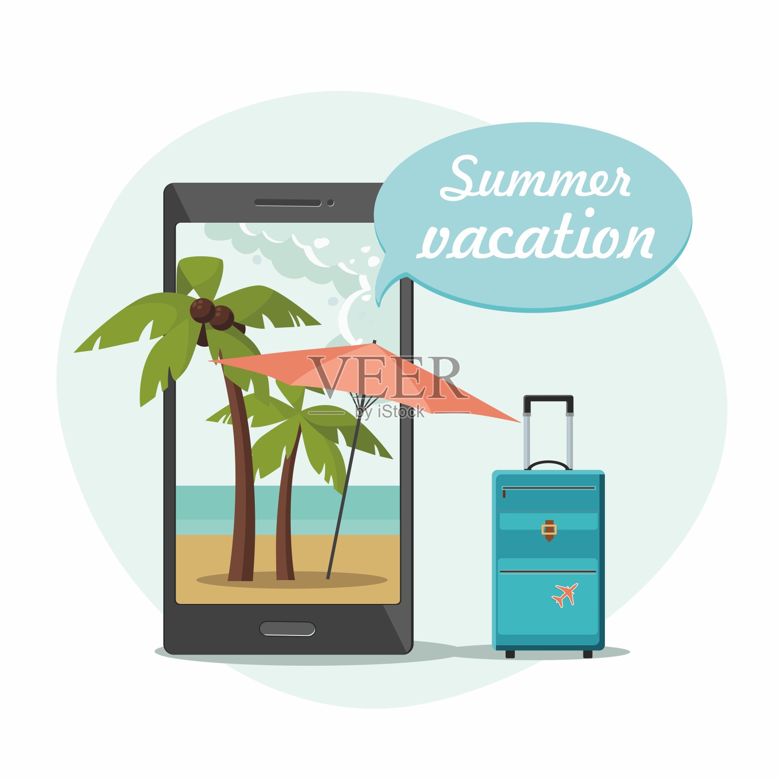 热带海滩，棕榈树，雨伞在手机上和旅行箱。暑假。在线预订的概念插画图片素材