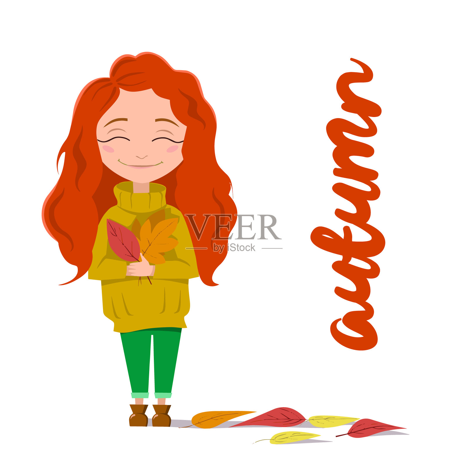 一个女孩微笑着把秋天的树叶捧在手里。一个穿着黄色毛衣的红头发女孩。秋天的问候。矢量插图在一个孤立的白色背景。插画图片素材