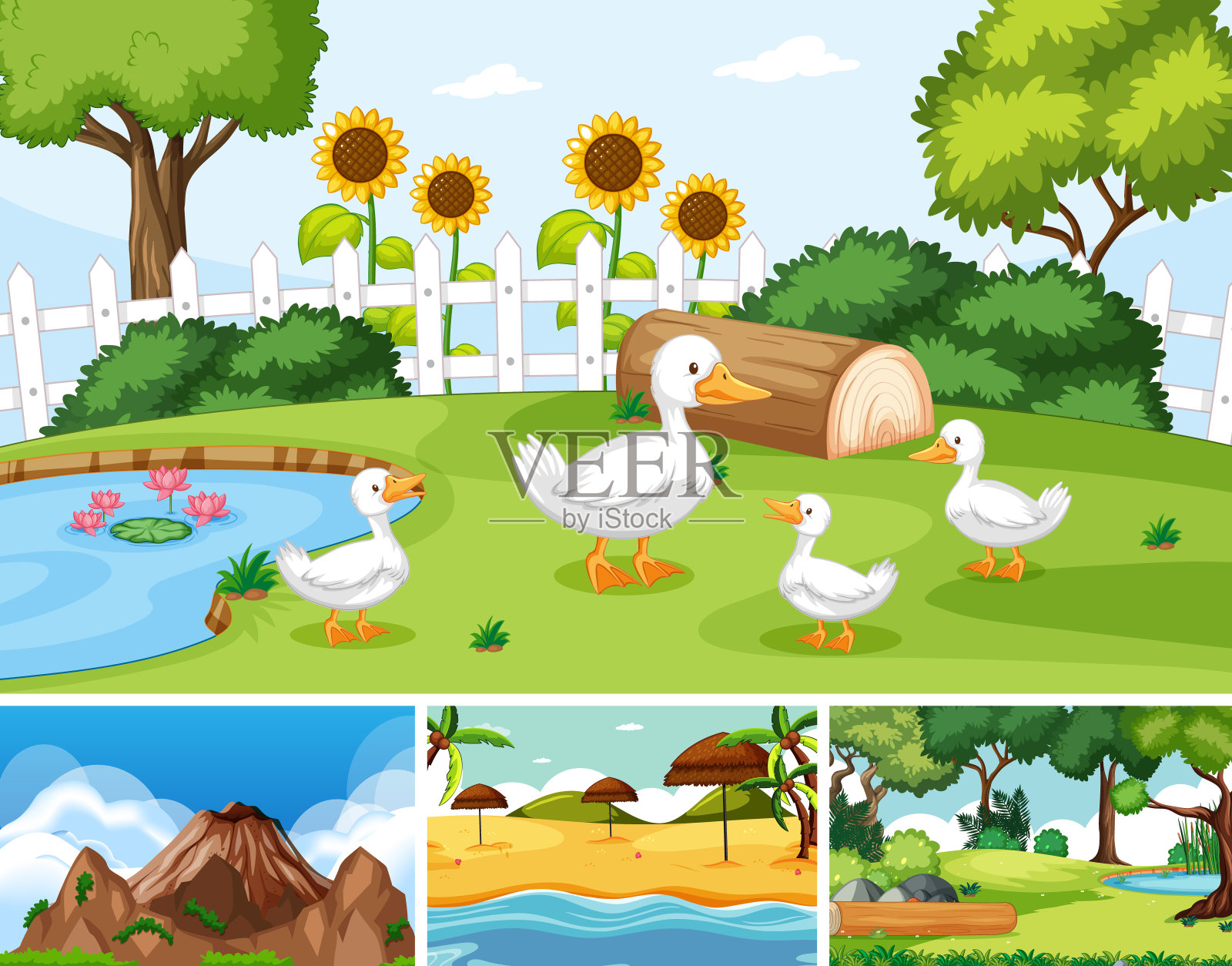 六个不同的场景在自然背景卡通风格插画图片素材