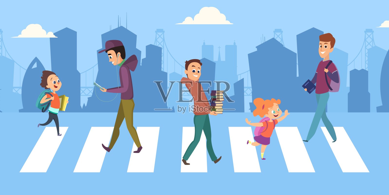 十字路口的人们。十几岁的孩子在人行横道上。安全和交通规则矢量插图插画图片素材