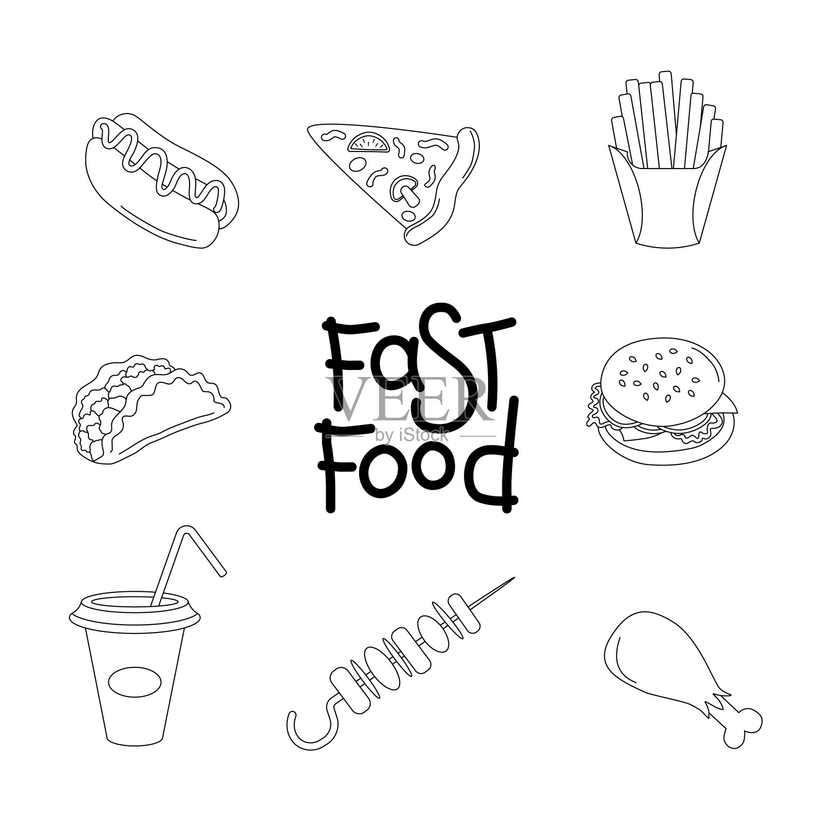 线性图标的收集与各种类型的快餐。插画图片素材