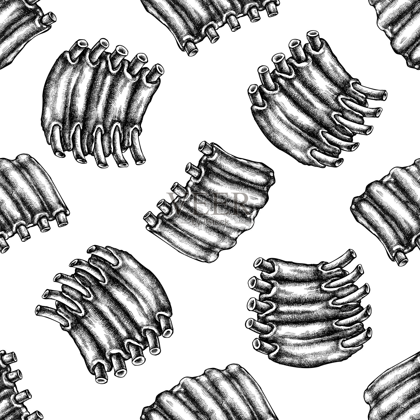 黑白猪肋骨无缝图案插画图片素材